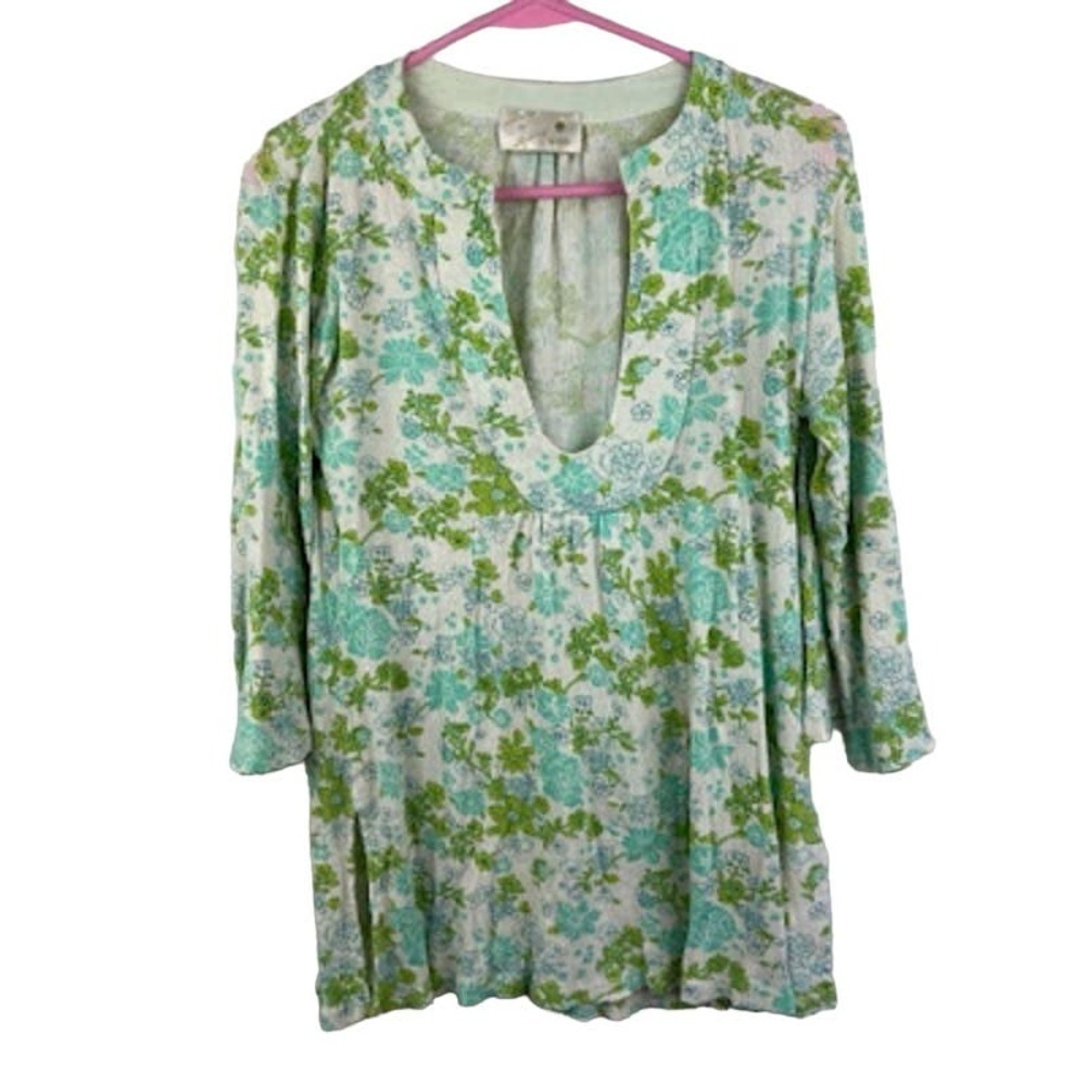 Anthropologie Woo green bell sleeve floral top size 2